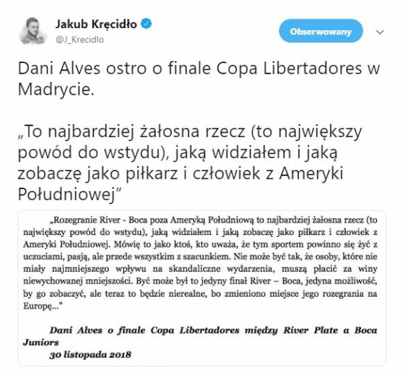 Dani Alves na temat finału Copa Libertadores w Madrycie